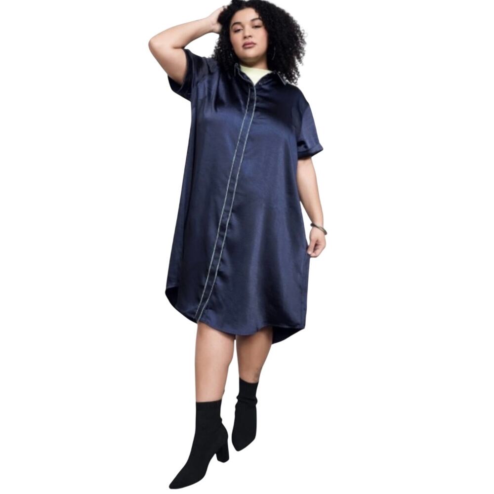 Wildfang Empower Satin Shirt Dress, Navy Neon Green Oversized, Small, NWT